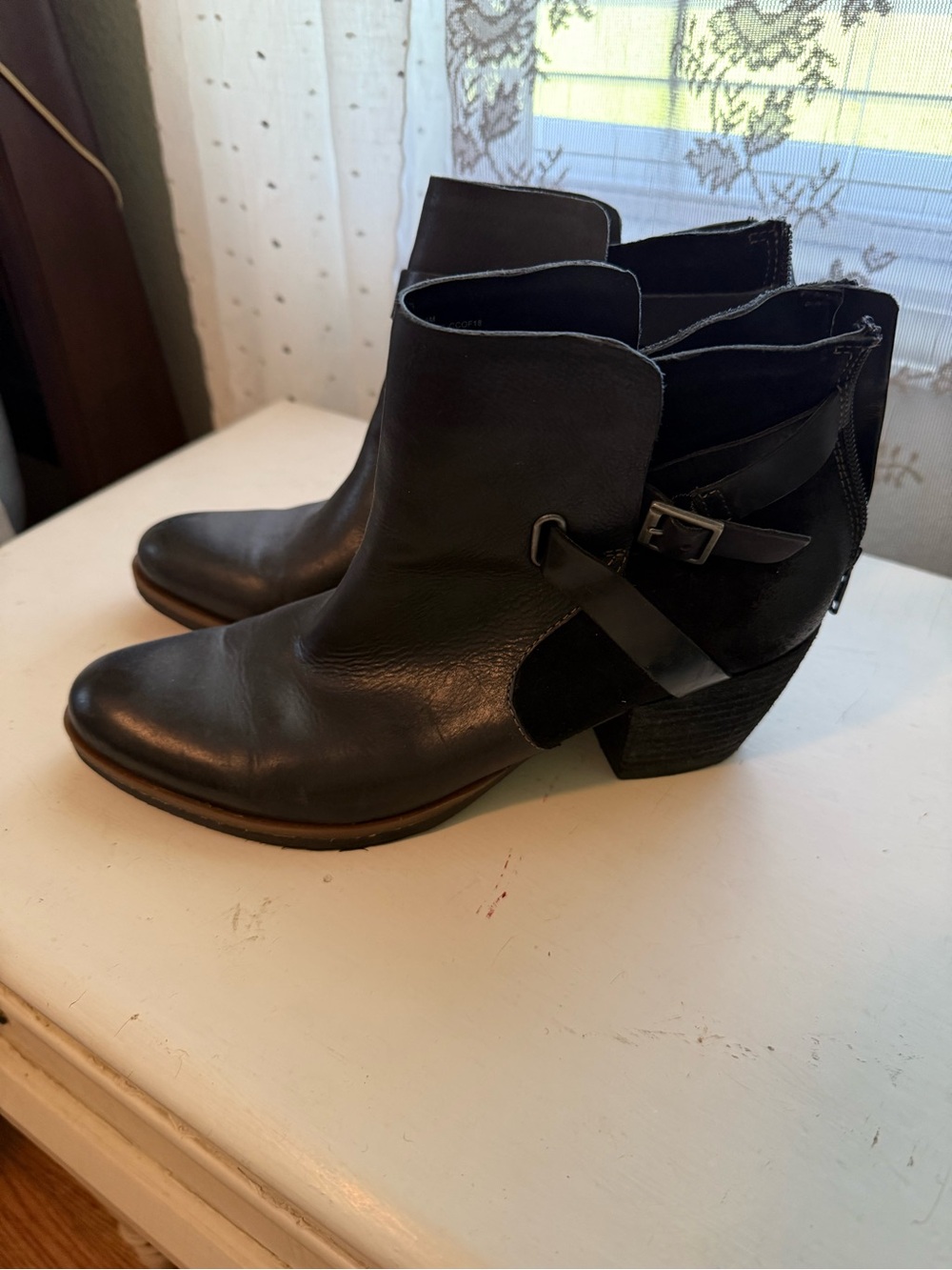 Kork-Ease Black Leather Ankle Booties with Side Buckle